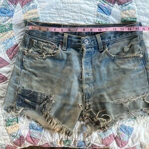 Made in USA , Levi’s 501 , custom patchwork, distressed, ‘Jorts’ , 32W